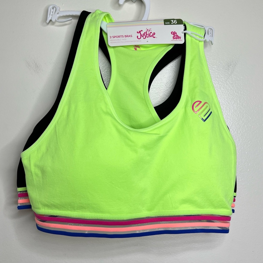 Justice Racerback Sports Bras Set of 2 bras Size 36 New! Neon green and Black